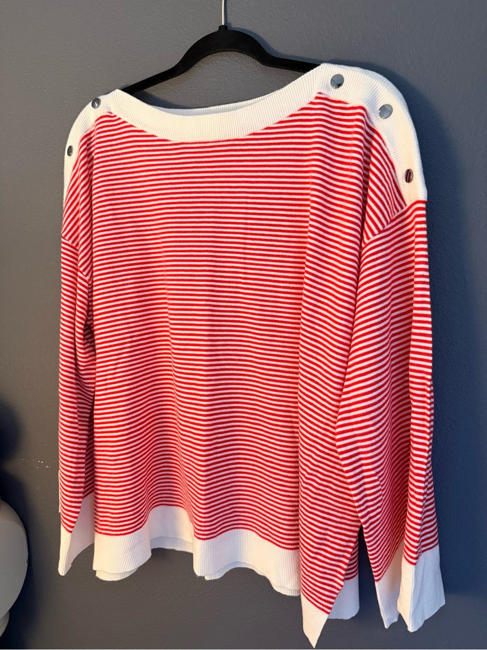 Monsoon Red & White Striped Boatneck Sweater with Snap Shoulder